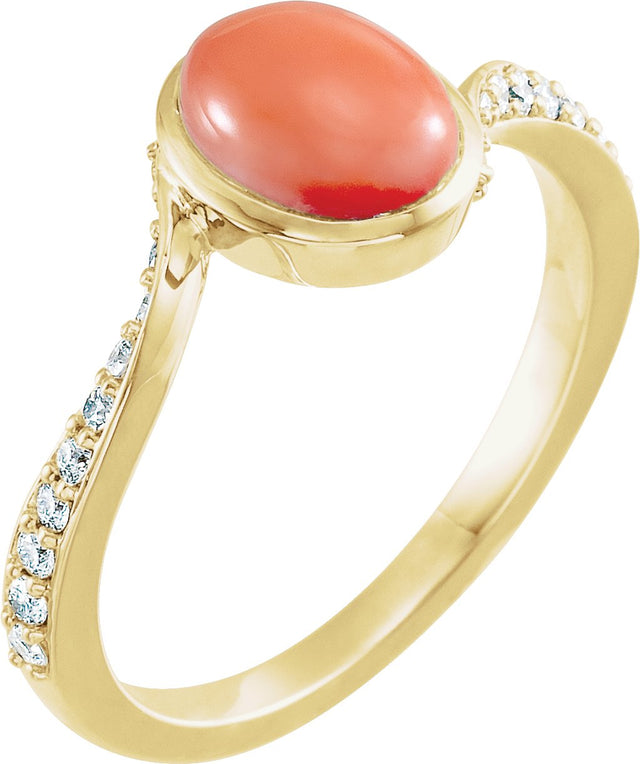 14K Gold Oval Natural Pink Coral Accented Bypass Ring