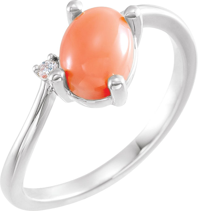14K Gold Oval Natural Pink Coral & Natural Diamond Accented Bypass Ring - White Gold