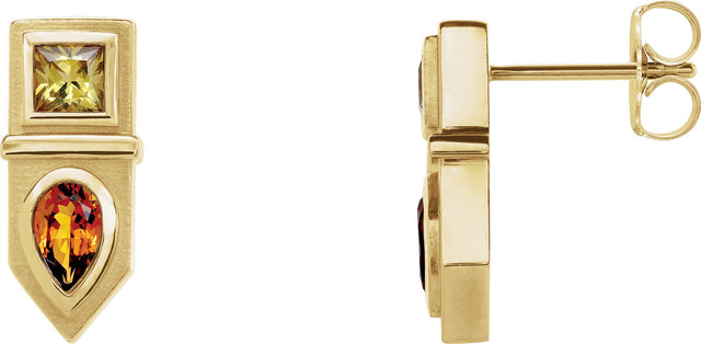14K Gold Pear Natural Yellow Multi-Gemstone Geometric Bar Earrings - Yellow Gold