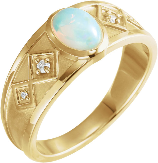 14K Gold Oval Natural Ethiopian Opal & Natural Diamond Bezel-Set Cabochon Ring - Yellow Gold
