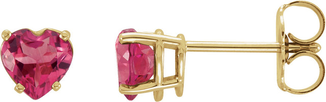 14K Gold Natural Pink Tourmaline Heart 4-Prong Stud Earrings - Yellow Gold