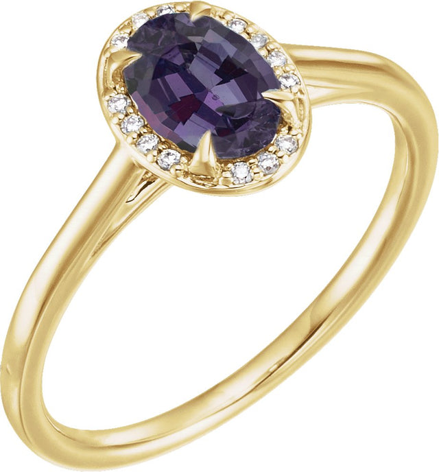14K Gold Oval Lab-Grown Alexandrite & Natural Diamond Halo-Style Ring - Yellow Gold