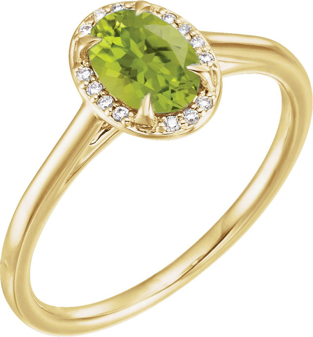 14K Gold Oval Natural Peridot & Natural Diamond Halo-Style Ring – 7x5mm - Yellow Gold