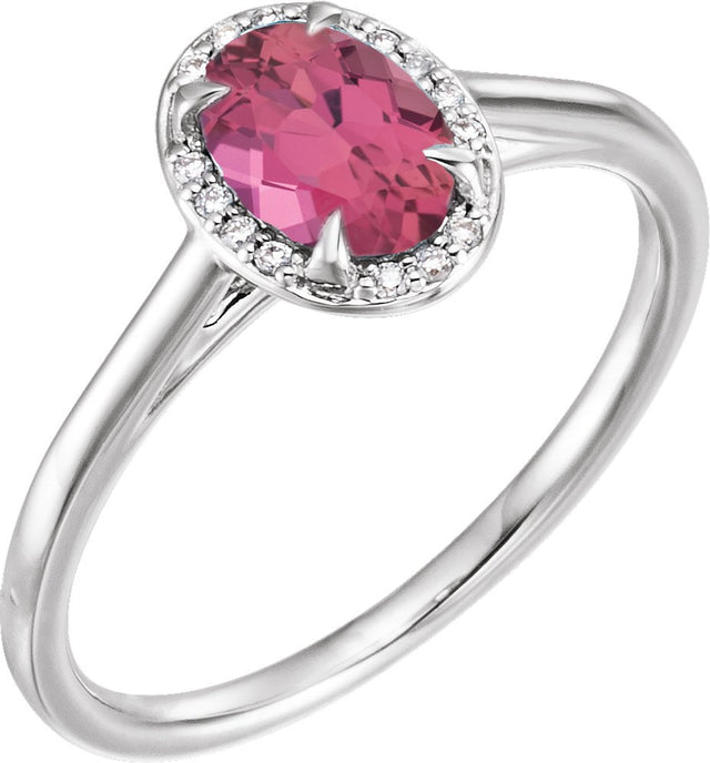 14K Gold Oval Natural Pink Tourmaline & Natural Diamond Halo-Style Ring – 10x8mm - White Gold