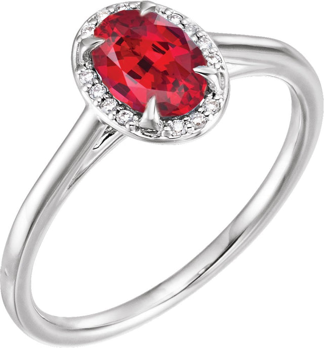 14K Gold Oval Lab-Grown Ruby & Natural Diamond Halo-Style Ring – 10x8mm - White Gold