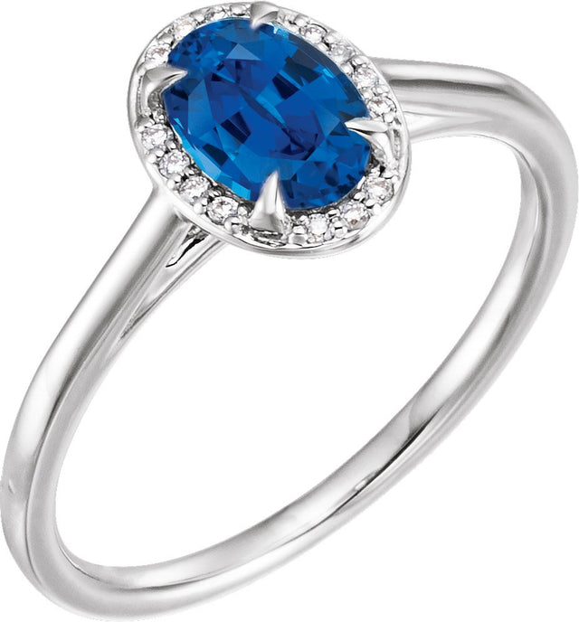 14K Gold Oval Lab-Grown Blue Sapphire & Natural Diamond Halo-Style Ring – 10x8mm - White Gold