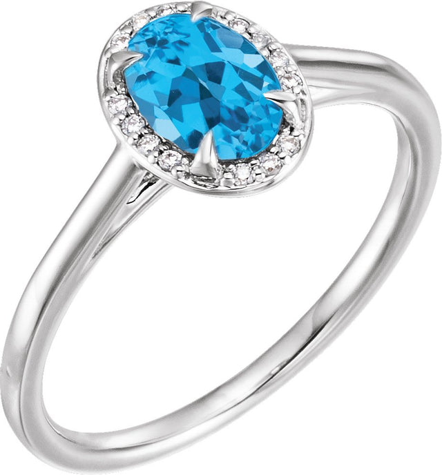 14K Gold Oval Natural Swiss Blue Topaz & Natural Diamond Halo-Style Ring – 10x8mm - White Gold