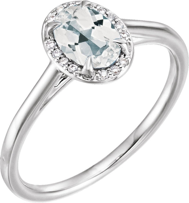 14K Gold Oval Natural White Topaz & Natural Diamond Halo-Style Ring - White Gold