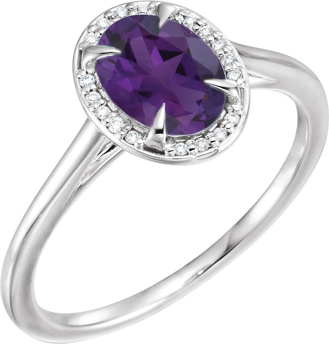 14K Gold Oval Natural Amethyst & Natural Diamond Halo-Style Ring – 10x8mm - White Gold