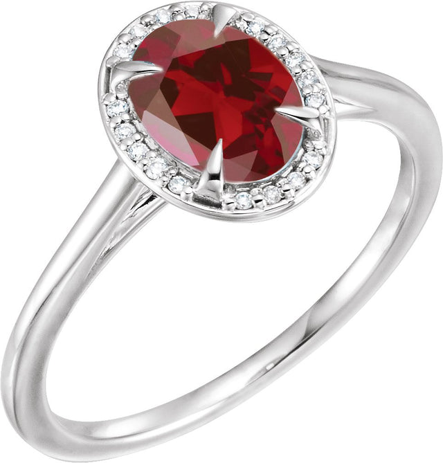 14K Gold Oval Natural Mozambique Garnet & Natural Diamond Halo-Style Ring – 7-10mm Stones - White Gold