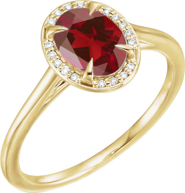 14K Gold Oval Natural Mozambique Garnet & Natural Diamond Halo-Style Ring – 7-10mm Stones - Yellow Gold