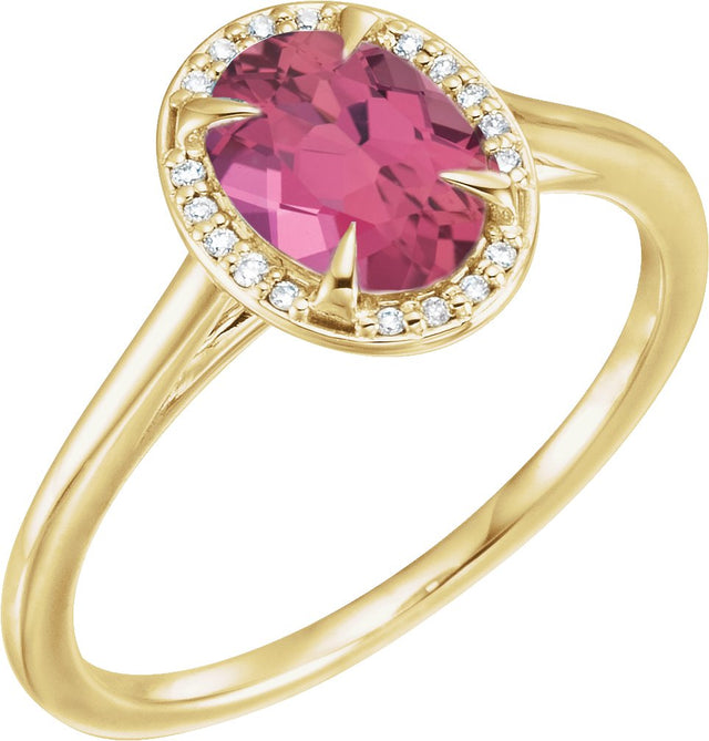 14K Gold Oval Natural Pink Tourmaline & Natural Diamond Halo-Style Ring – 10x8mm - Yellow Gold