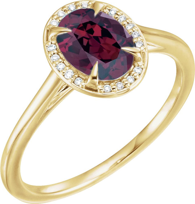14K Gold Oval Natural Rhodolite Garnet & Natural Diamond Halo-Style Ring - Yellow Gold
