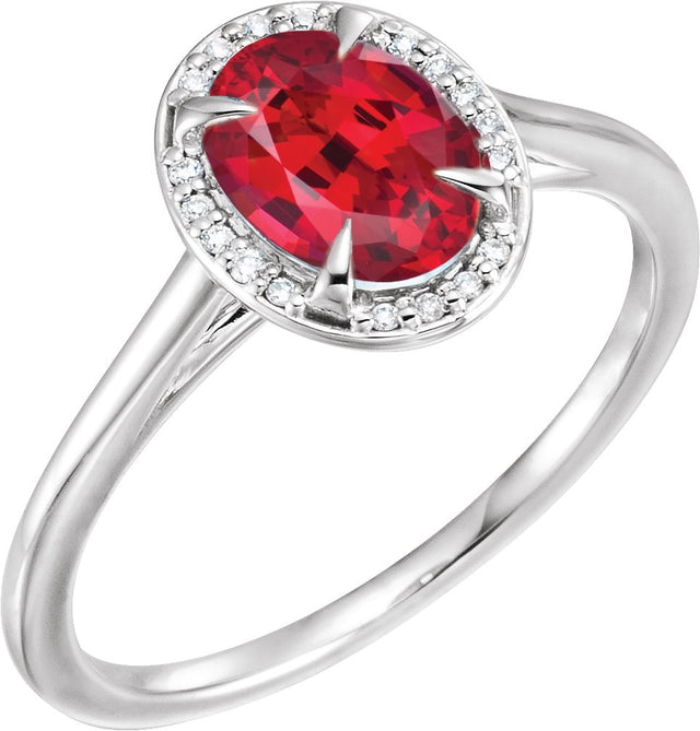 14K Gold Oval Lab-Grown Ruby & Natural Diamond Halo-Style Ring – 10x8mm - White Gold