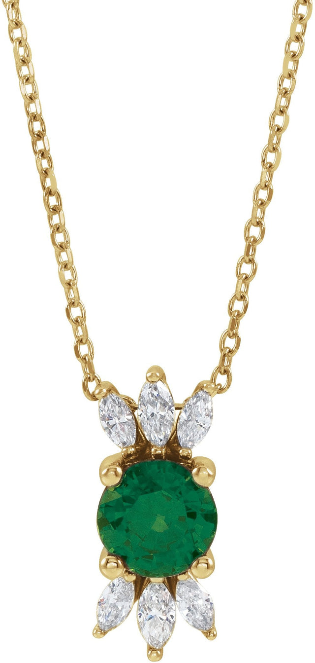 14K Gold Round Natural Emerald & Natural Diamond Accented Necklace or Pendant - Yellow Gold