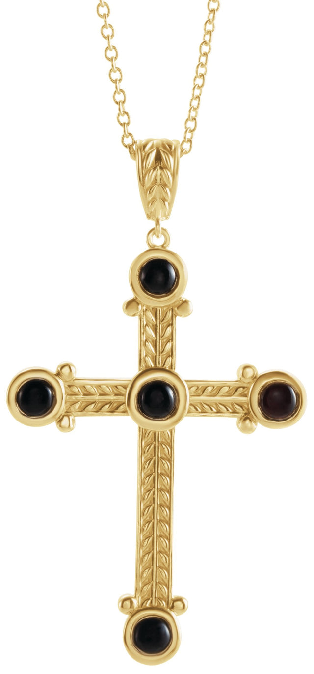 14K Gold Round Natural Black Onyx Cross Necklace or Pendant - Yellow Gold