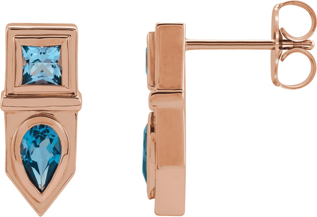 14K Gold Pear Natural Blue Multi-Gemstone Geometric Bar Earrings - Rose Gold