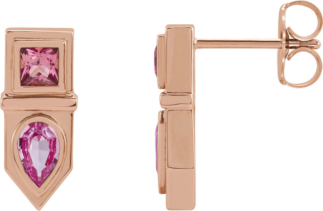14K Gold Pear Natural Pink Multi-Gemstone Geometric Bar Earrings - Rose Gold