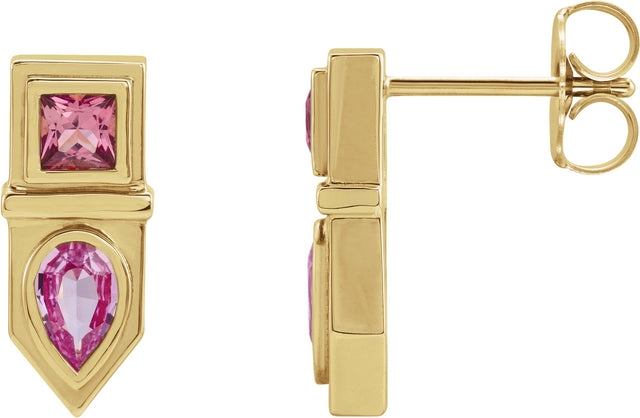 14K Gold Pear Natural Pink Multi-Gemstone Geometric Bar Earrings - Yellow Gold