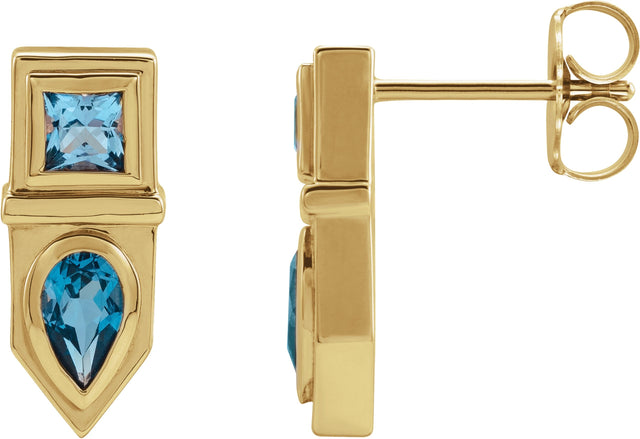 14K Gold Pear Natural Blue Multi-Gemstone Geometric Bar Earrings - Yellow Gold