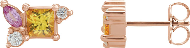 14K Gold Square Natural Yellow Sapphire & Natural Pink Sapphire & Natural Diamond Accented Earrings - Rose Gold
