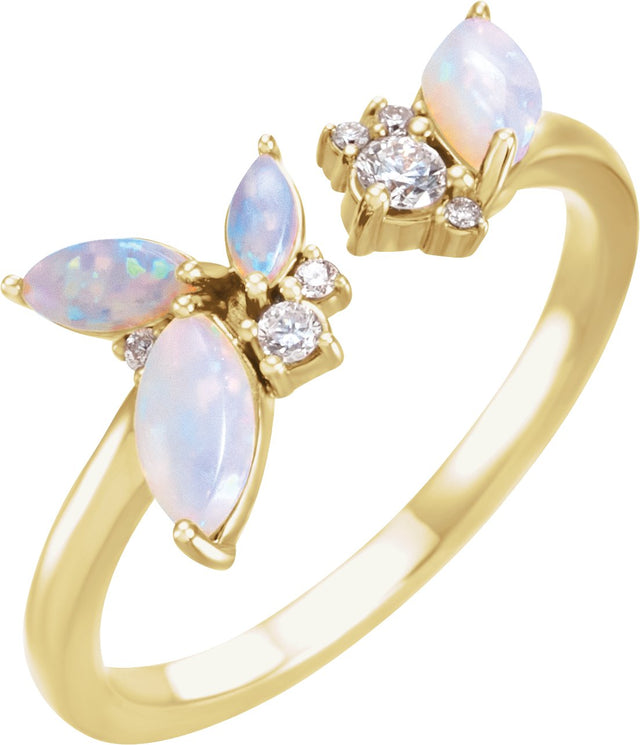 14K Gold Natural White Opal & Natural Diamond Negative Space Ring - Yellow Gold