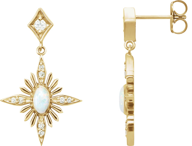 14K Gold Oval Natural White Opal & Natural Diamond Accented Star Earrings - Yellow Gold