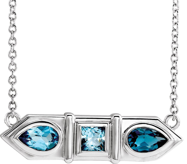 14K Gold Natural Blue Multi-Gemstone Geometric Bar Necklace - White Gold