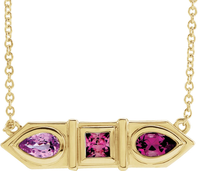 14K Gold Natural Pink Multi-Gemstone Geometric Bar Necklace - Yellow Gold