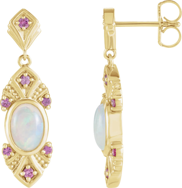 14K Gold Oval Natural Ethiopian Opal & Natural Pink Sapphire Vintage-Inspired Earrings - Yellow Gold