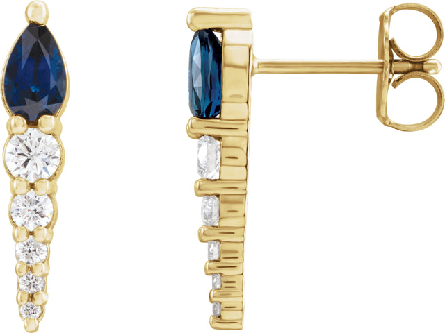 14K Gold Pear Natural Blue Sapphire & Natural Diamond Accented Bar Earrings - Yellow Gold