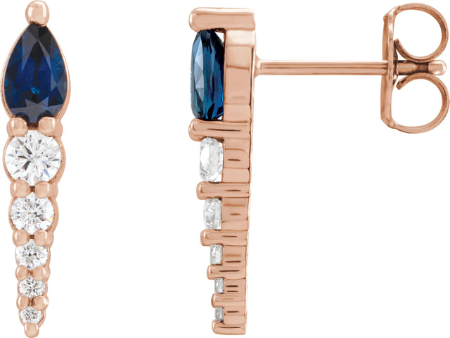 14K Gold Pear Lab-Grown Blue Sapphire & Natural Diamond Accented Bar Earrings - Rose Gold
