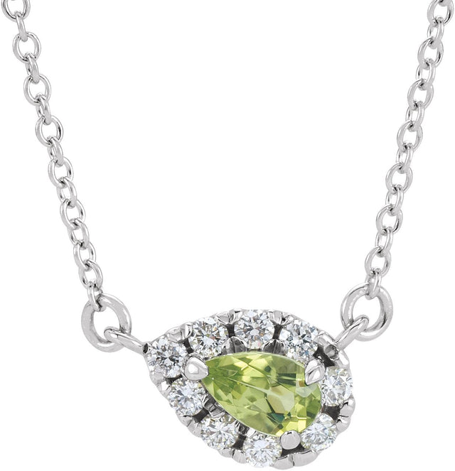 Platinum Pear Natural Peridot & Natural Diamond French-Set Halo-Style Necklace