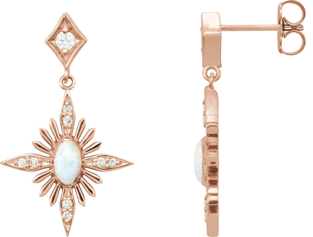 14K Gold Oval Natural White Opal & Natural Diamond Accented Star Earrings - Rose Gold
