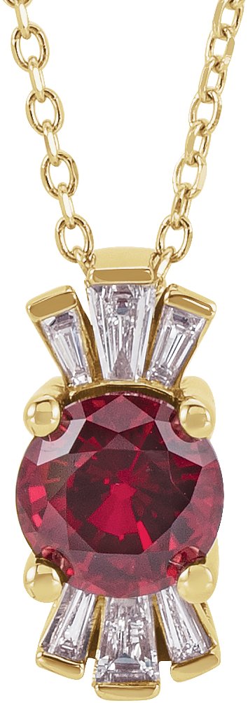 14K Gold Round Lab-Grown Ruby & Natural Diamond Accented Necklace or Pendant – 1/6 CTW - Yellow Gold