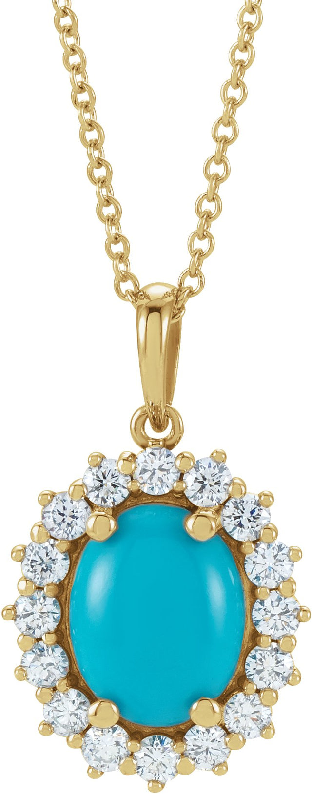 14K Gold Oval Natural Turquoise & Natural Diamond Halo-Style Necklace or Pendant – 8x6mm - Yellow Gold