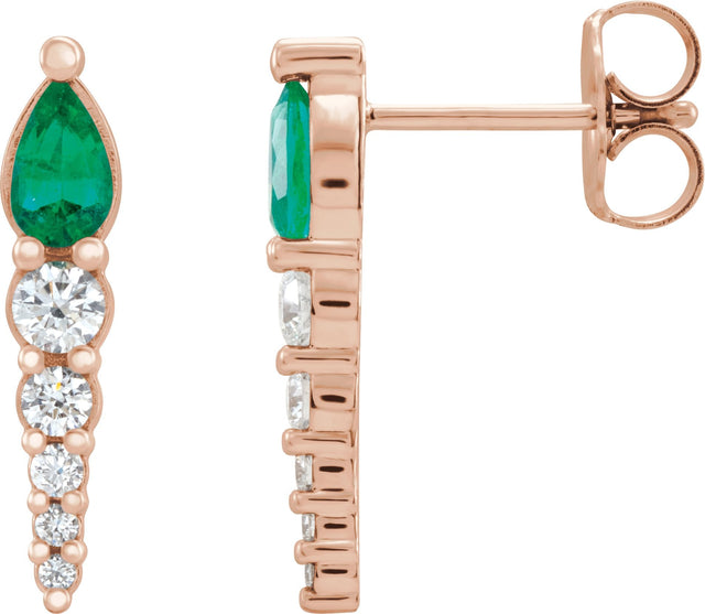 14K Gold Pear Lab-Grown Emerald & Natural Diamond Accented Bar Earrings - Rose Gold
