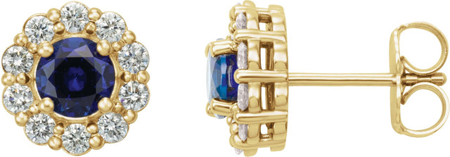 14K Gold Lab-Grown Blue Sapphire & Natural Diamond Round 4-Prong Halo-Style Earrings – 3.5-8mm Stones - Yellow Gold