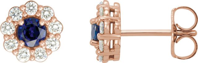 14K Gold Lab-Grown Blue Sapphire & Natural Diamond Round 4-Prong Halo-Style Earrings – 3.5-8mm Stones - Rose Gold