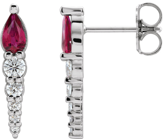 14K Gold Pear Lab-Grown Ruby & Natural Diamond Accented Bar Earrings - White Gold