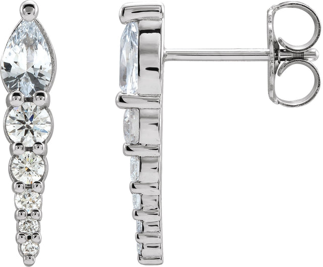 14K Gold Pear Natural White Sapphire & Natural Diamond Accented Bar Earrings - White Gold