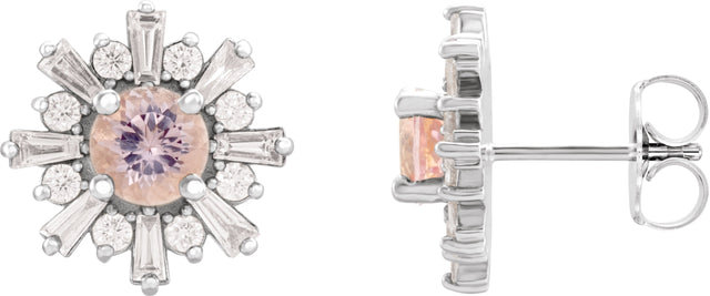 Platinum Round Natural Pink Morganite & Natural Diamond Halo-Style Star Earrings