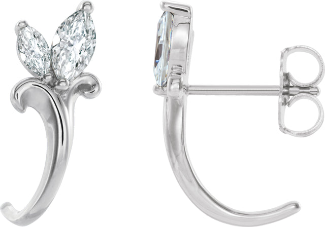 Platinum Marquise Natural White Sapphire Floral J-Hoop Earrings