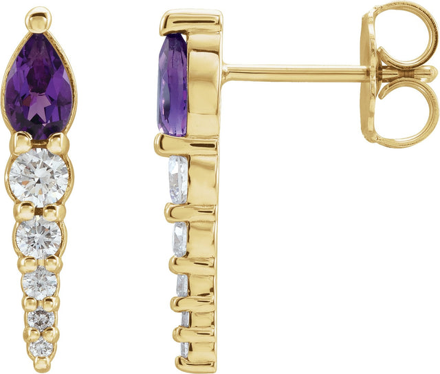 14K Gold Pear Natural Amethyst & Natural Diamond Accented Bar Earrings - Yellow Gold