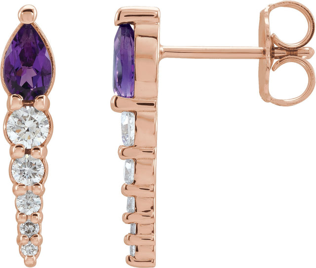 14K Gold Pear Natural Amethyst & Natural Diamond Accented Bar Earrings - Rose Gold