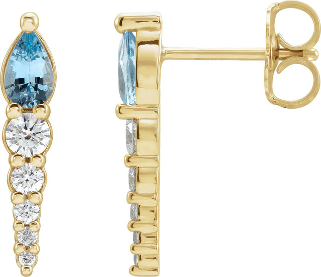 14K Gold Pear Natural Aquamarine & Natural Diamond Accented Bar Earrings - Yellow Gold