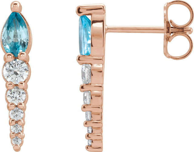14K Gold Pear Natural Blue Zircon & Natural Diamond Accented Bar Earrings - Rose Gold