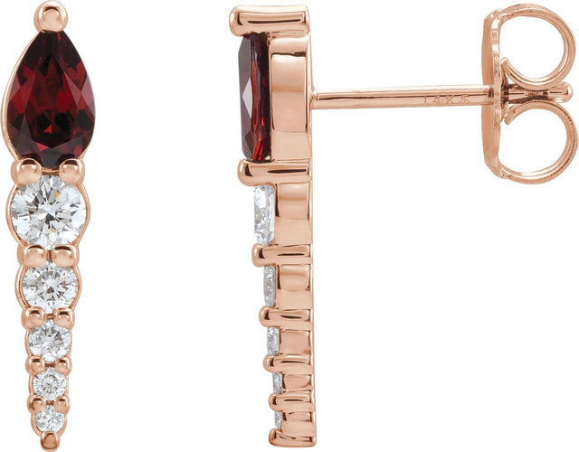 14K Gold Pear Natural Mozambique Garnet & Natural Diamond Accented Bar Earrings - Rose Gold