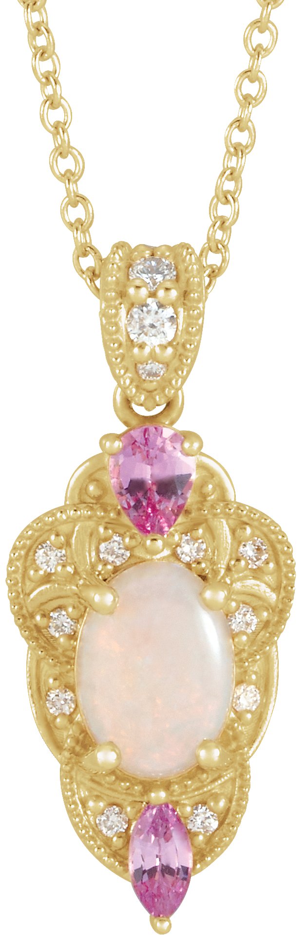 14K Gold Oval Natural White Opal & Natural Pink Sapphire & Natural Diamond Vintage-Inspired Necklace or Pendant - Yellow Gold