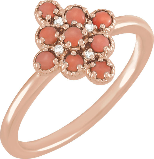 14K Gold Round Natural Pink Coral & Natural Diamond Geometric Cluster Ring - Rose Gold